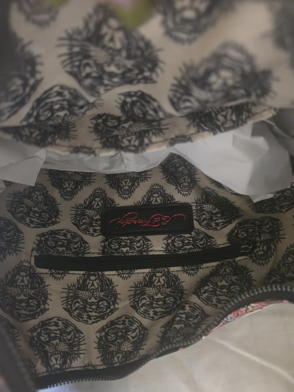 Ed Hardy Black Shoulder Hobo with Pink & Red Floral Skull Print and Fringe
